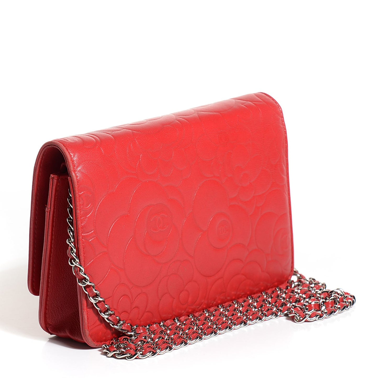 Lambskin Camellia Embossed Wallet On Chain WOC Red