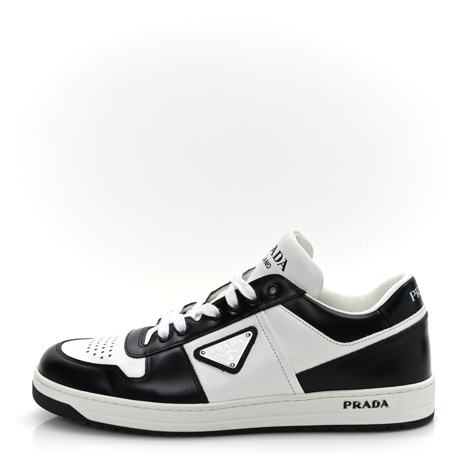 Prada Vitello Sport Spazzolato Rois Metal Triangle Logo Mens Downtown Low Top Sneakers 7.5 White Black 1 of 9