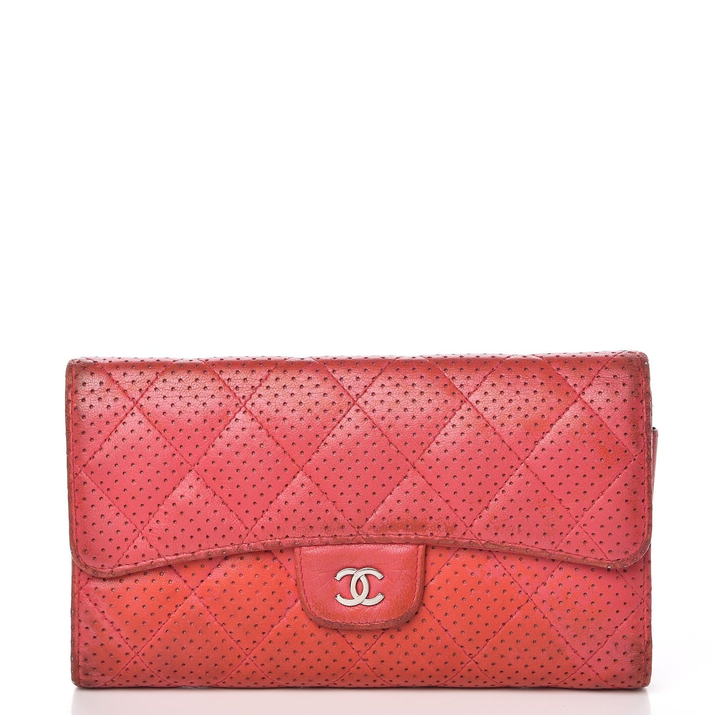 Perforated Lambskin Quilted Flap Wallet Red