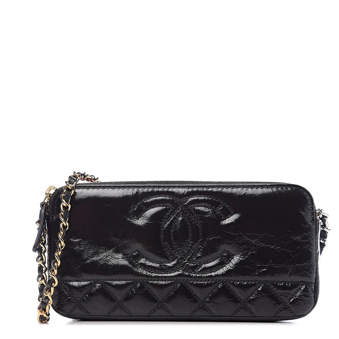 Glazed Aged Calfskin Quilted CC Small Clutch With Chain Black