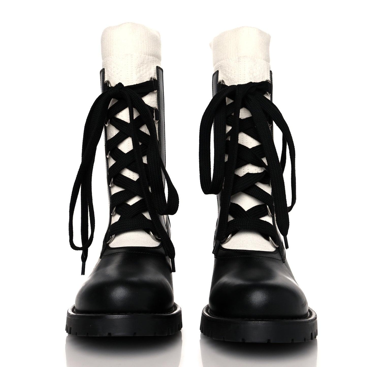 Calfskin Knit Fabric Diorland Combat Boots 38.5 Black White