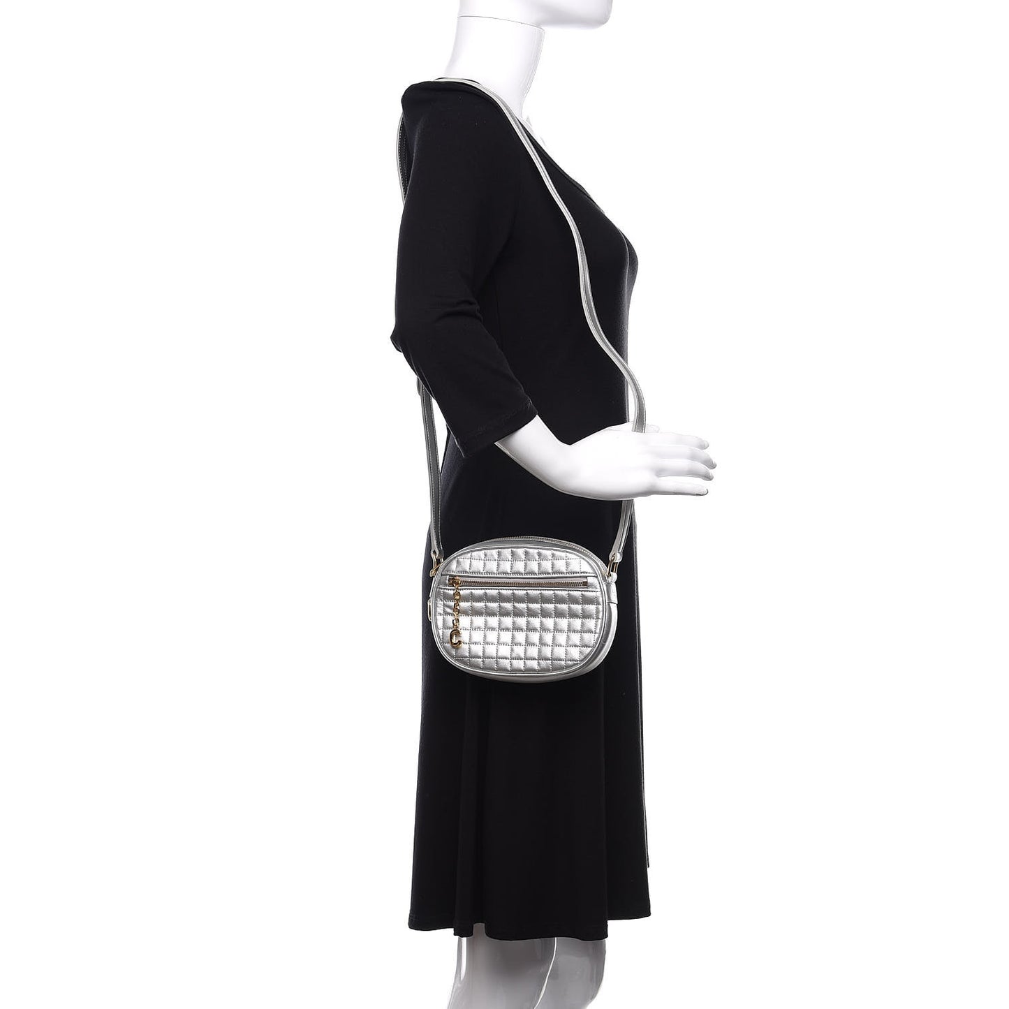 Laminated Calfskin Quilted Small C Charm Bag Silver