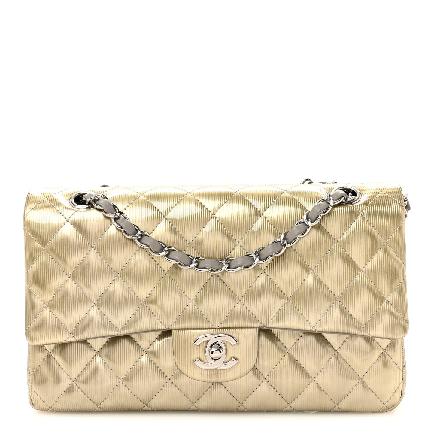 Striated Patent Quilted Medium Double Flap Gold