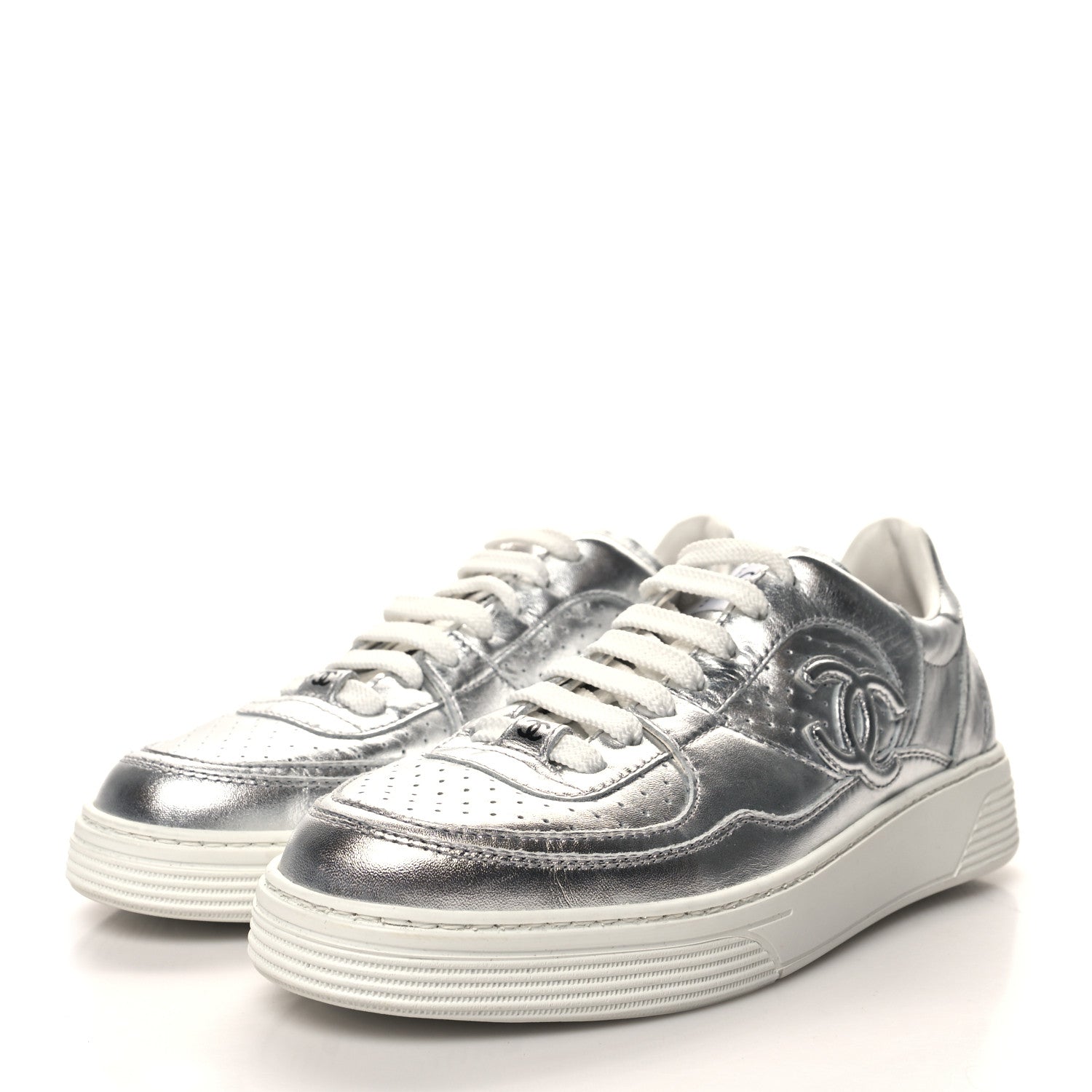 Chanel Laminated Calfskin CC Womens Sneakers 36 Silver 3 of 8