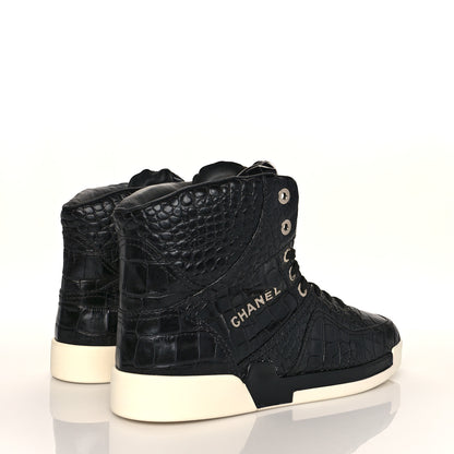 Chanel Calfskin Crocodile Embossed Mens Cocodile High Top Sneakers 45 Black 4 of 8
