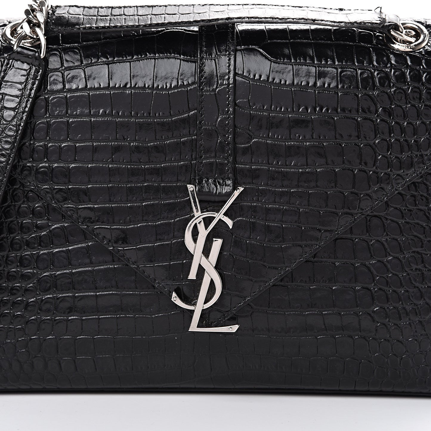 Calfskin Crocodile Embossed Medium Monogram Envelope Chain Shoulder Bag Black