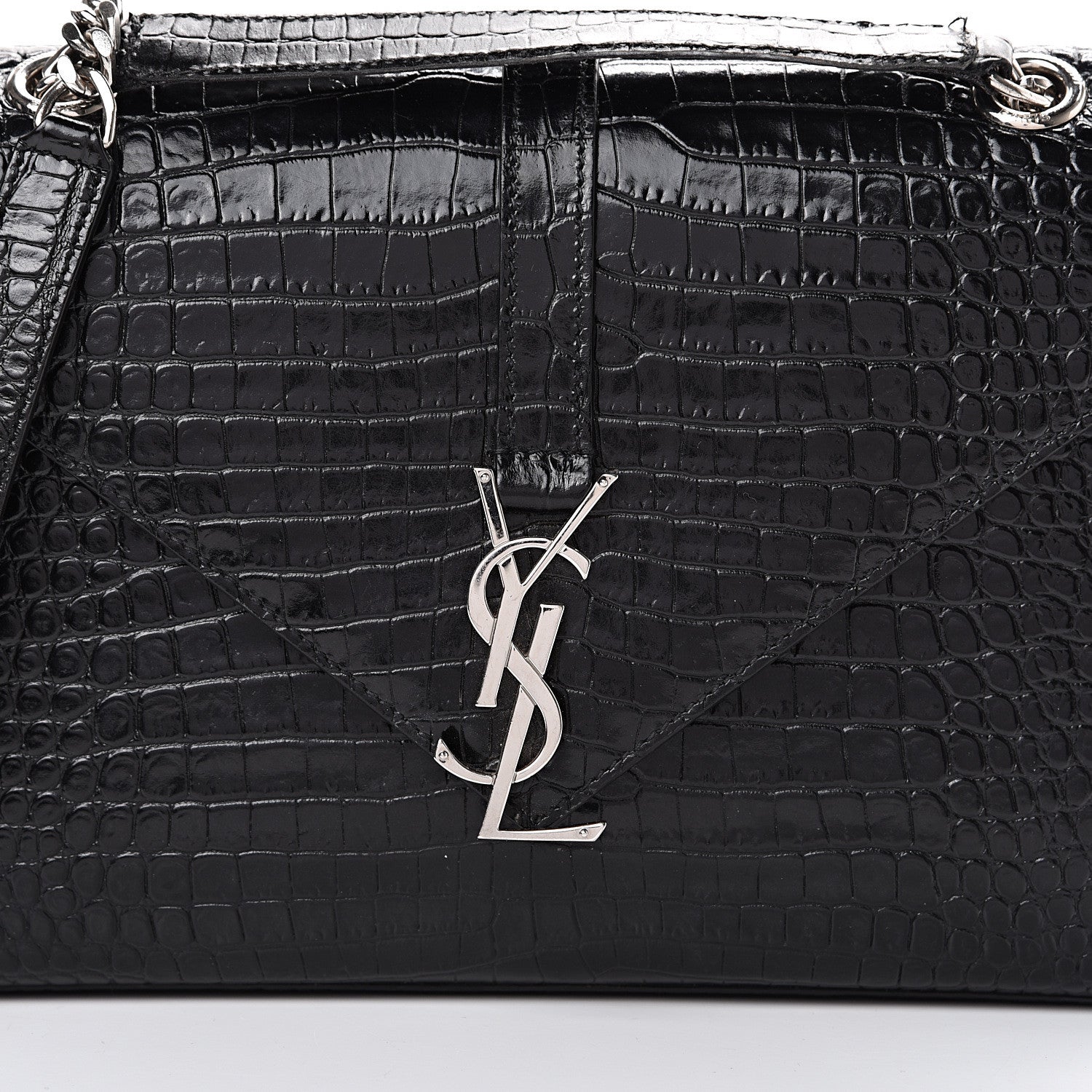 Saint Laurent Calfskin Crocodile Embossed Medium Monogram Envelope Chain Shoulder Bag Black 9 of 15