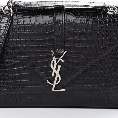 Saint Laurent Calfskin Crocodile Embossed Medium Monogram Envelope Chain Shoulder Bag Black 9 of 15