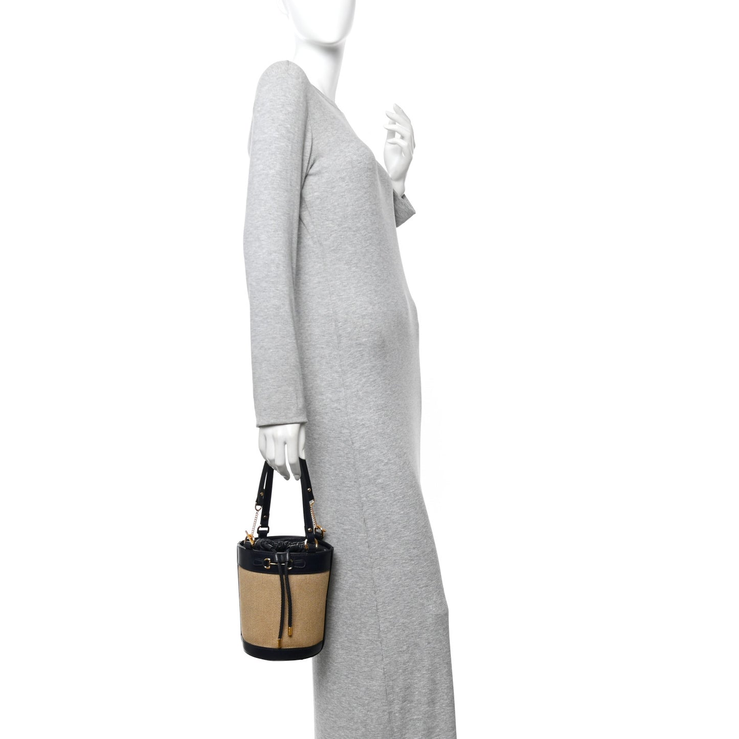 Canvas Calfskin Small Horsebit 1955 Drawstring Bucket Bag Natural Black