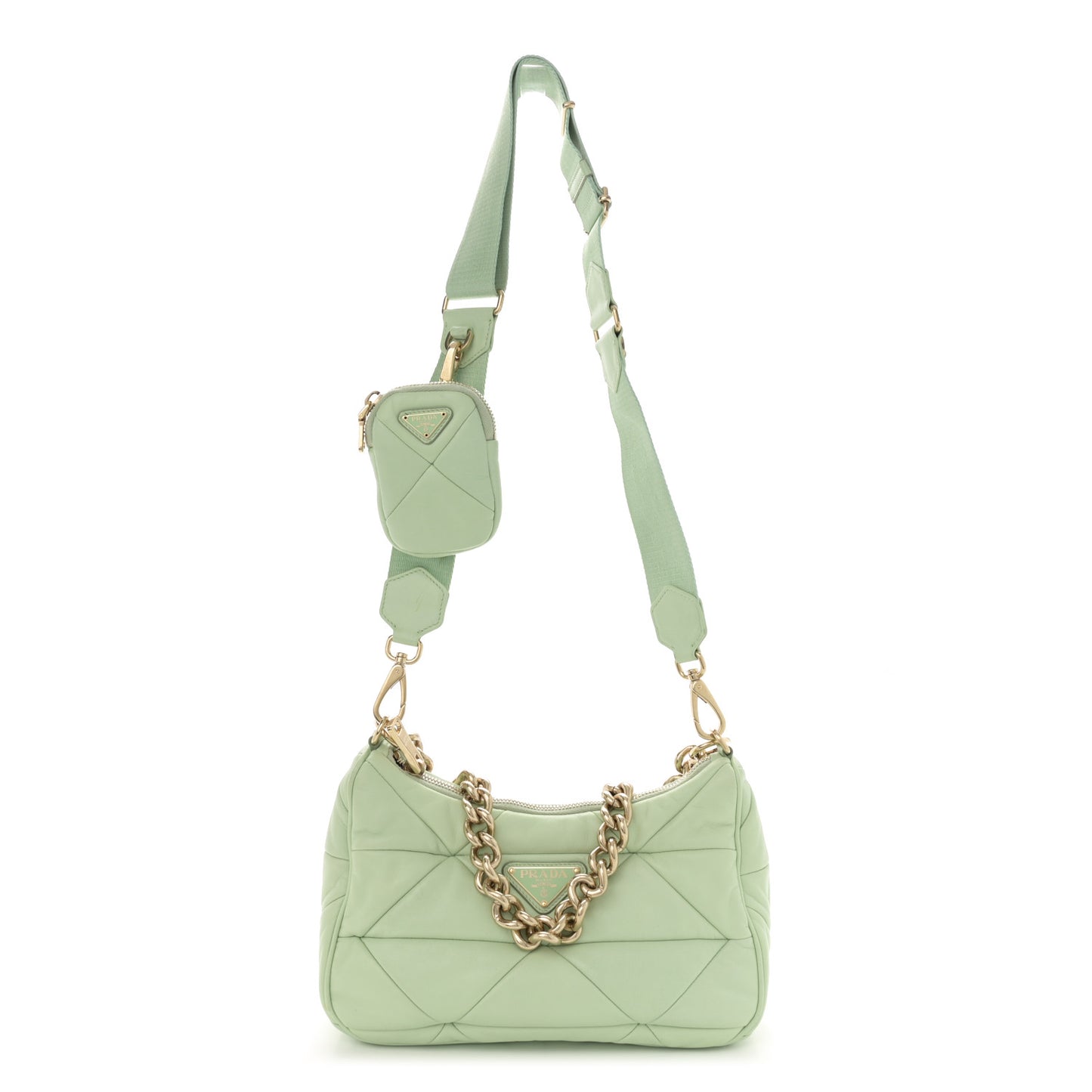 Nappa Re-Nylon Triangle Quilted Patchwork System Shoulder Bag Acqua