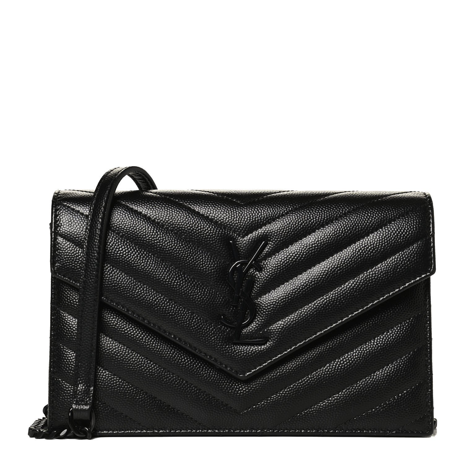 Saint Laurent Grain De Poudre Matelasse Chevron Monogram Monochrome Envelope Chain Wallet Black 1 of 12