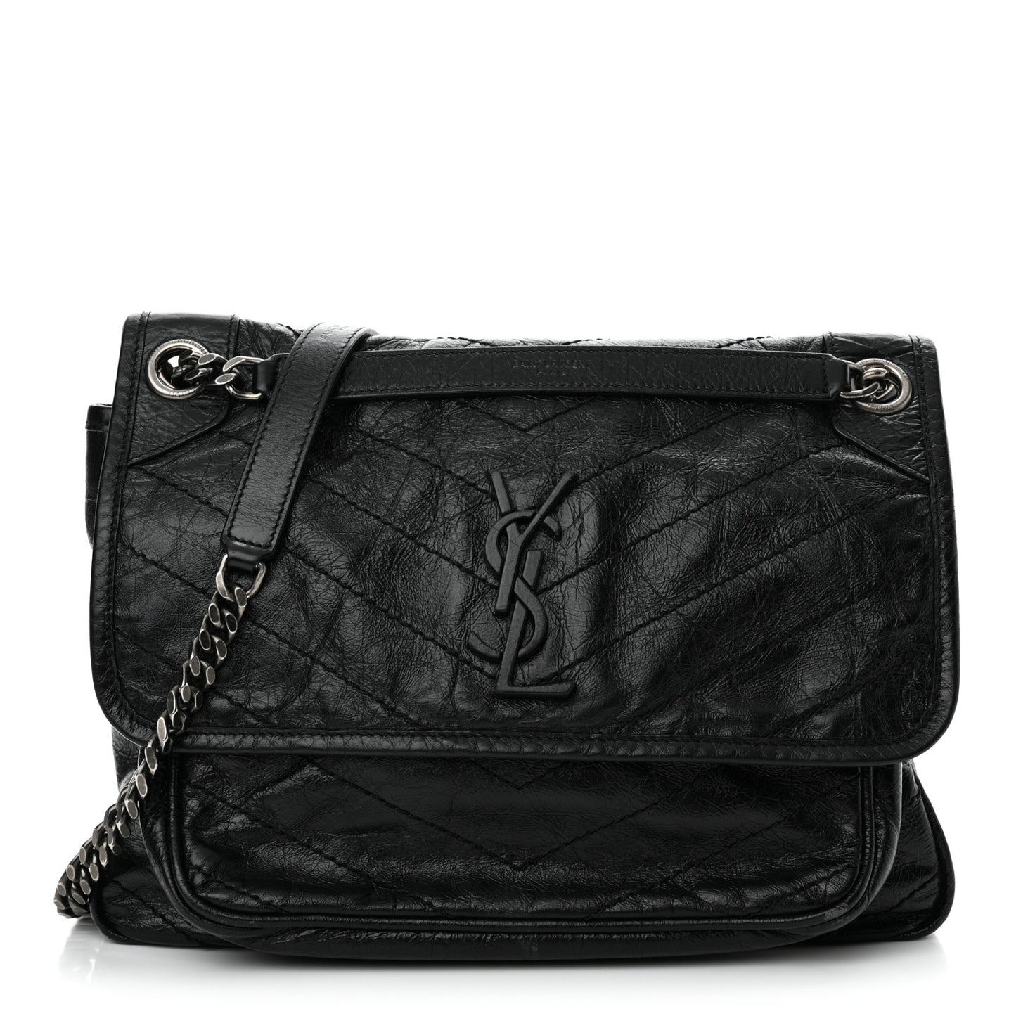 Crinkled Calfskin Matelasse Monogram Medium Niki Chain Satchel Black