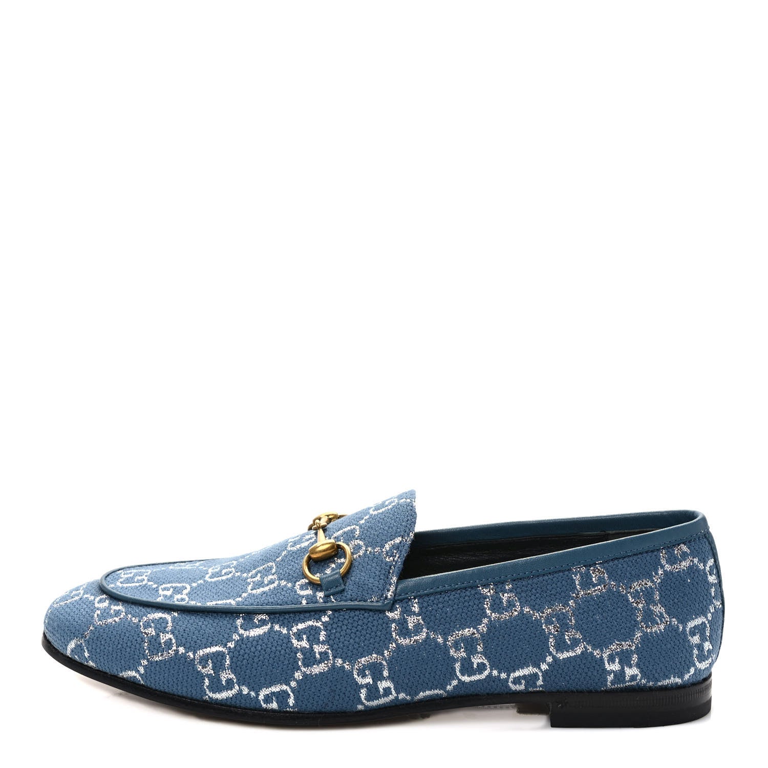 Gucci Canvas Lame GG Monogram Horsebit Womens Jordaan Loafers 38 Blue Silver Cornflower Blue 1 of 8