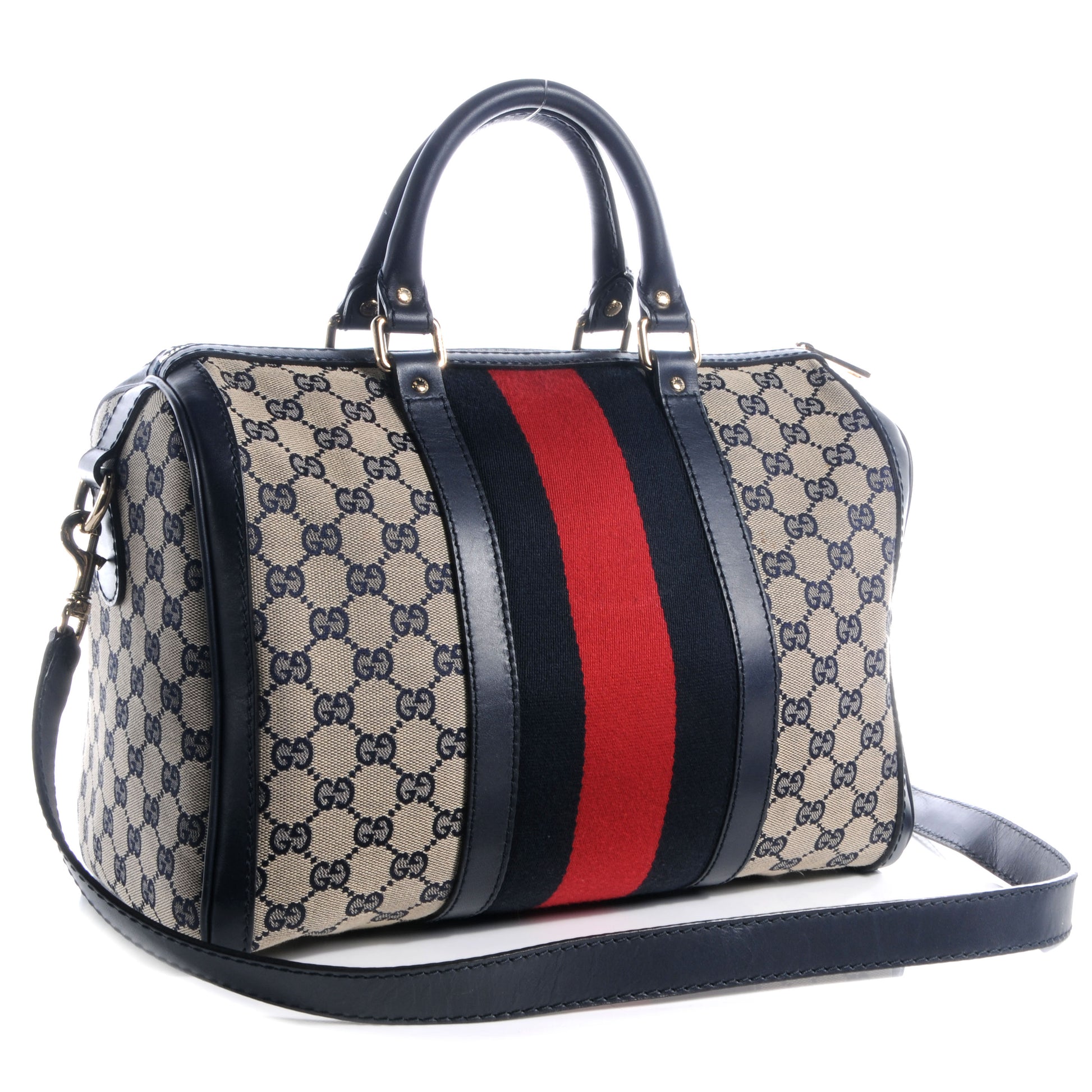 Gucci Monogram Selleria Calfskin Vintage Web Medium Boston Beige Blue 3 of 10