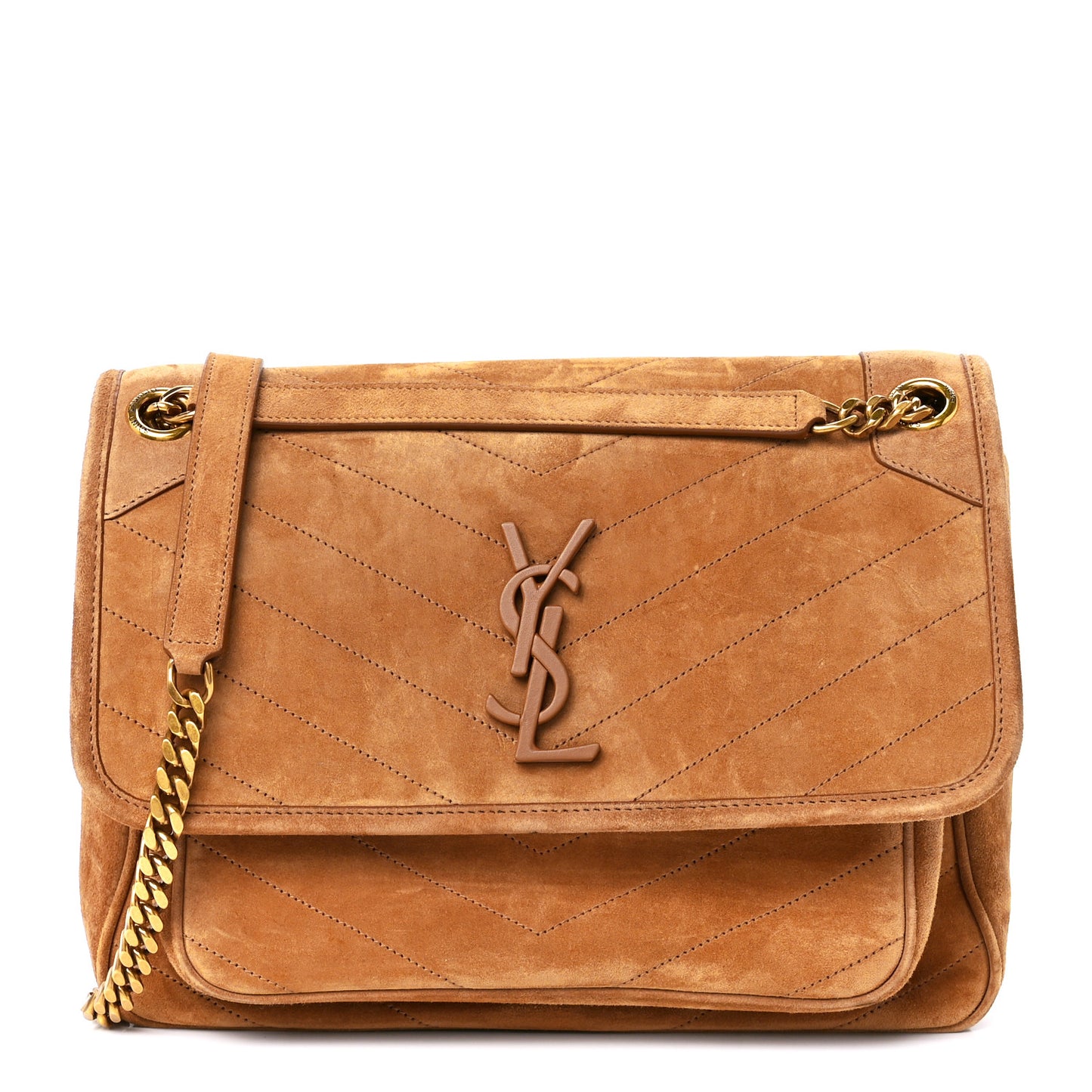 Suede Monogram Medium Niki Chain Satchel Cinnamon