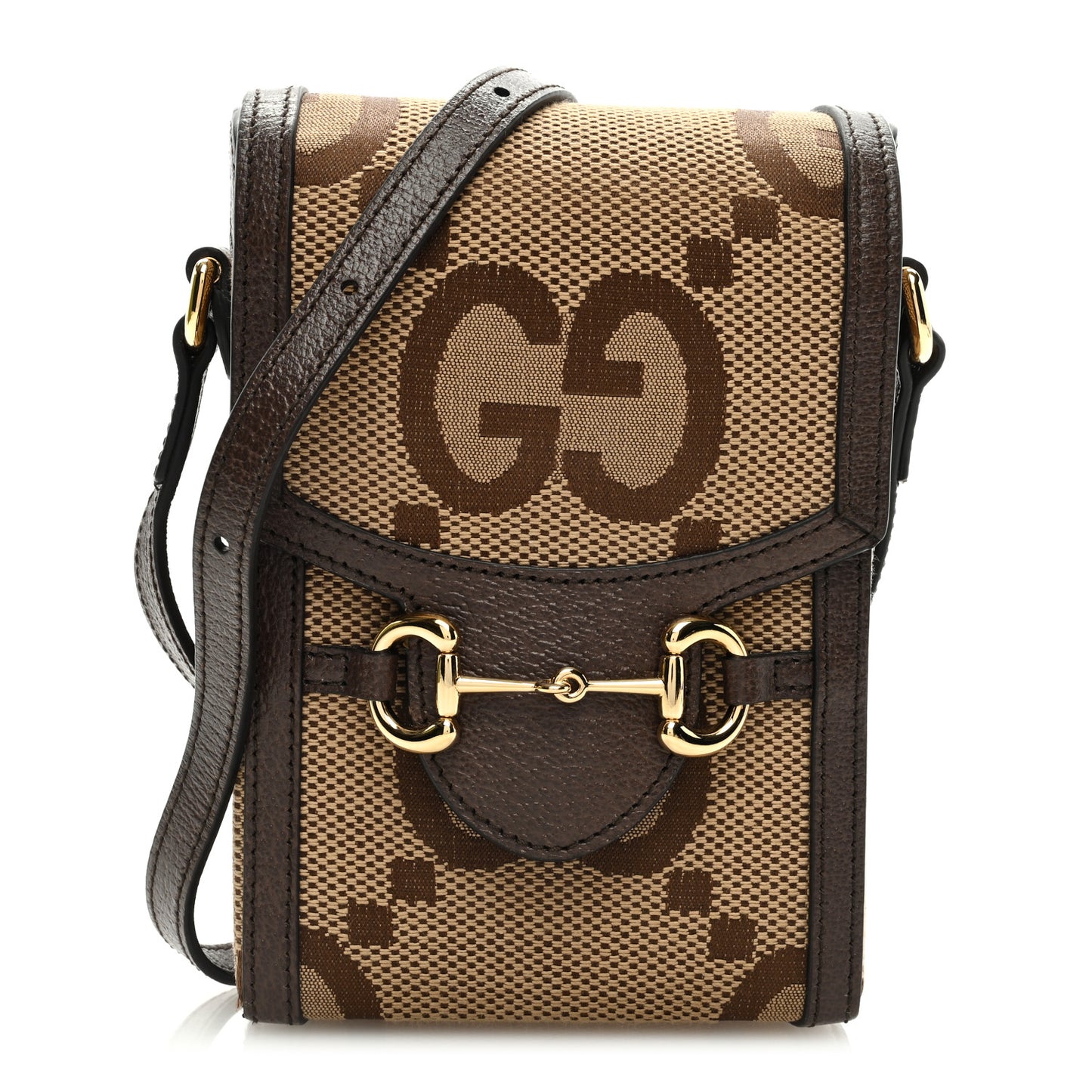 Monogram Jumbo GG Textured Dollar Calfskin Mini Horsebit 1955 Crossbody Bag Camel Ebony New Acero
