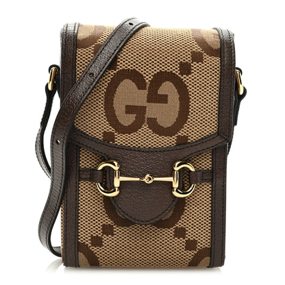 Gucci Monogram Jumbo GG Textured Dollar Calfskin Mini Horsebit 1955 Crossbody Bag Camel Ebony New Acero 1 of 9