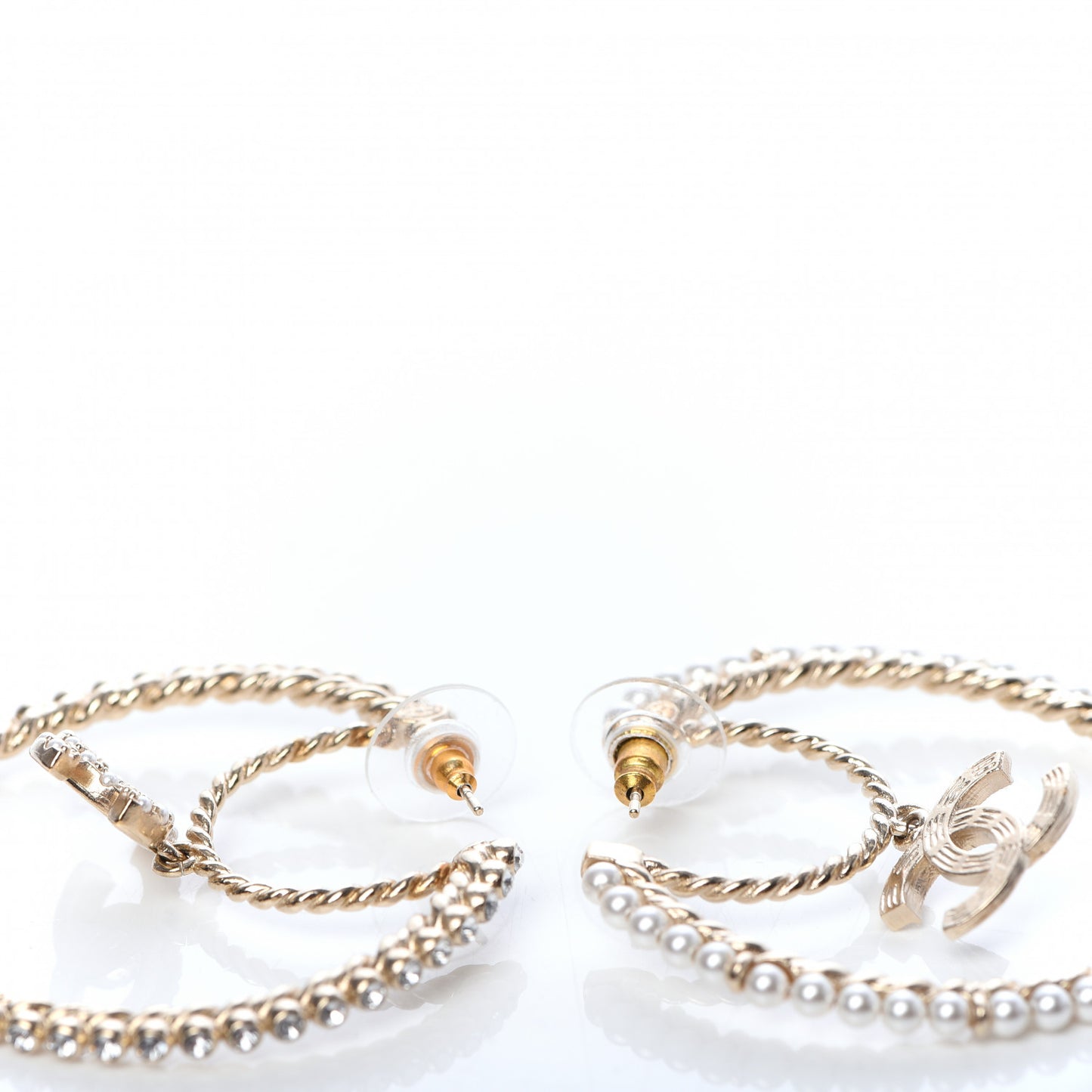 Crystal Pearl CC Drop Hoop Earrings Gold Pearly White