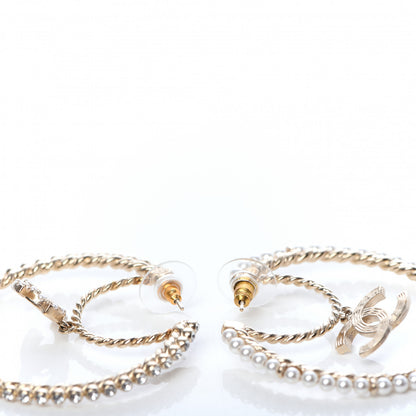 Chanel Crystal Pearl CC Drop Hoop Earrings Gold Pearly White 4 of 5