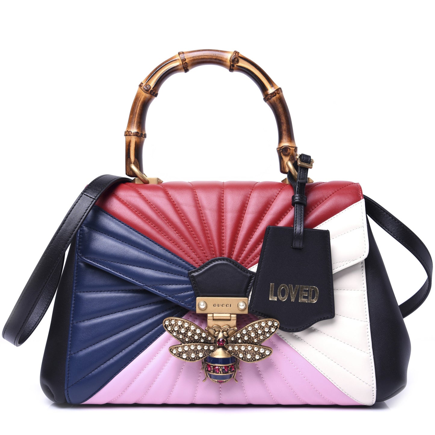Calfskin Bamboo Trapuntata Queen Margaret Top Handle Bag Blue Agata Hibiscus Red Mystic White Sugar Pink