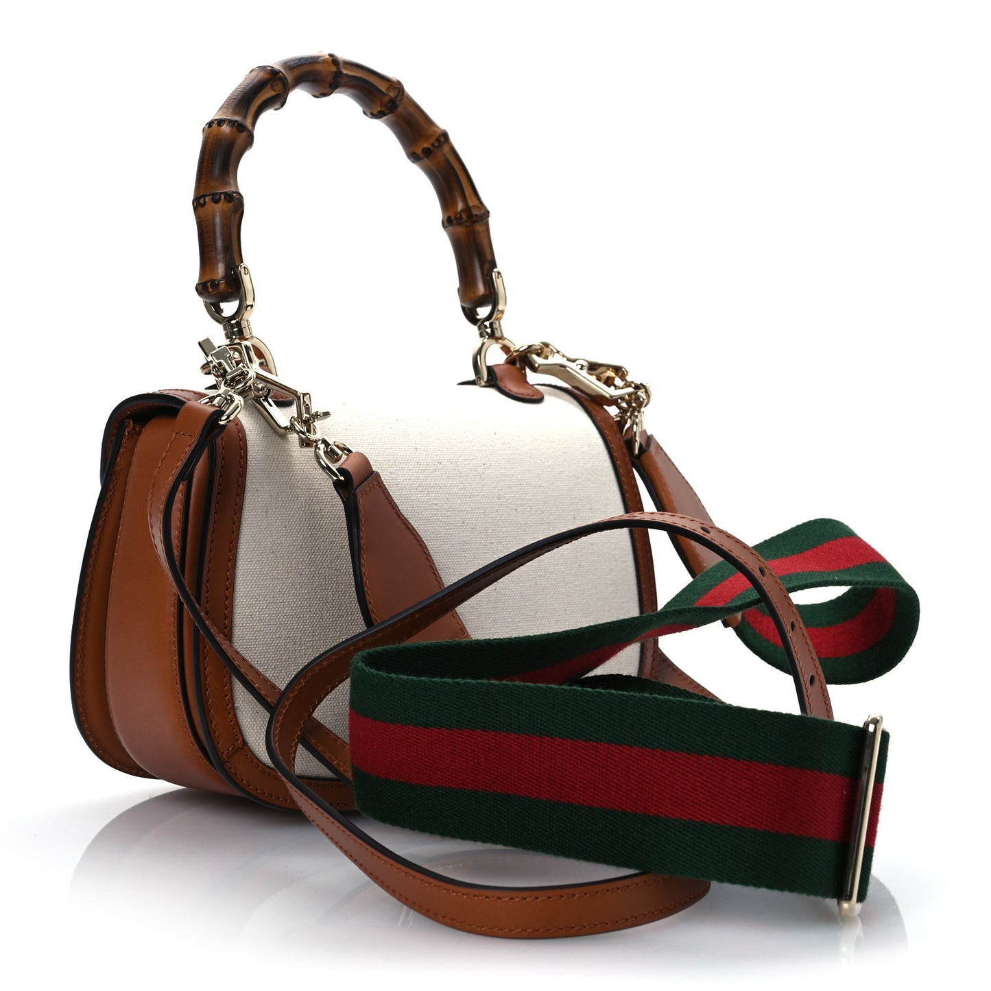 Canvas Calfskin Web Small Bamboo 1947 Top Handle Bag Greggio Harness Brown