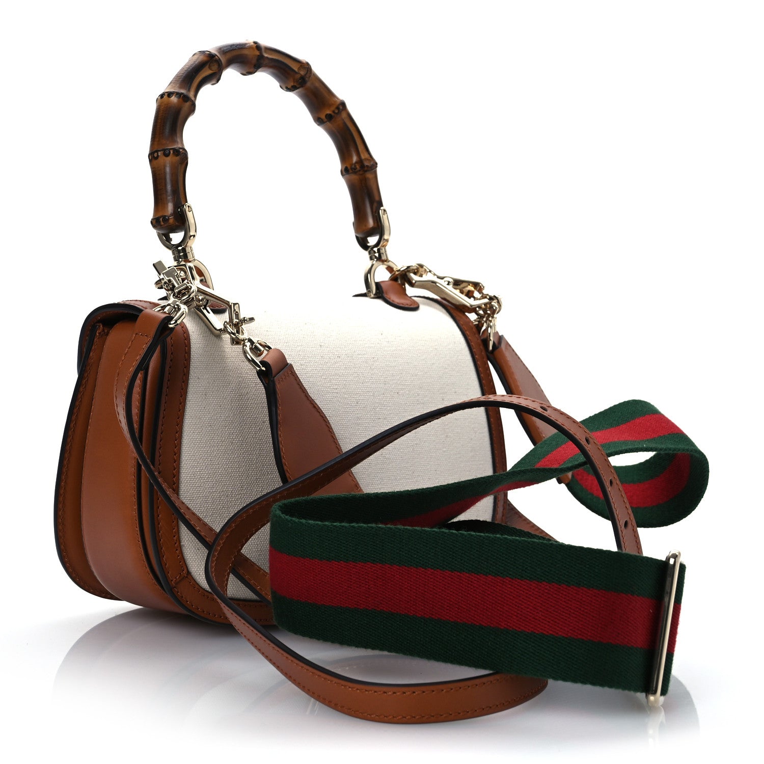 Gucci Canvas Calfskin Web Small Bamboo 1947 Top Handle Bag Greggio Harness Brown 5 of 14