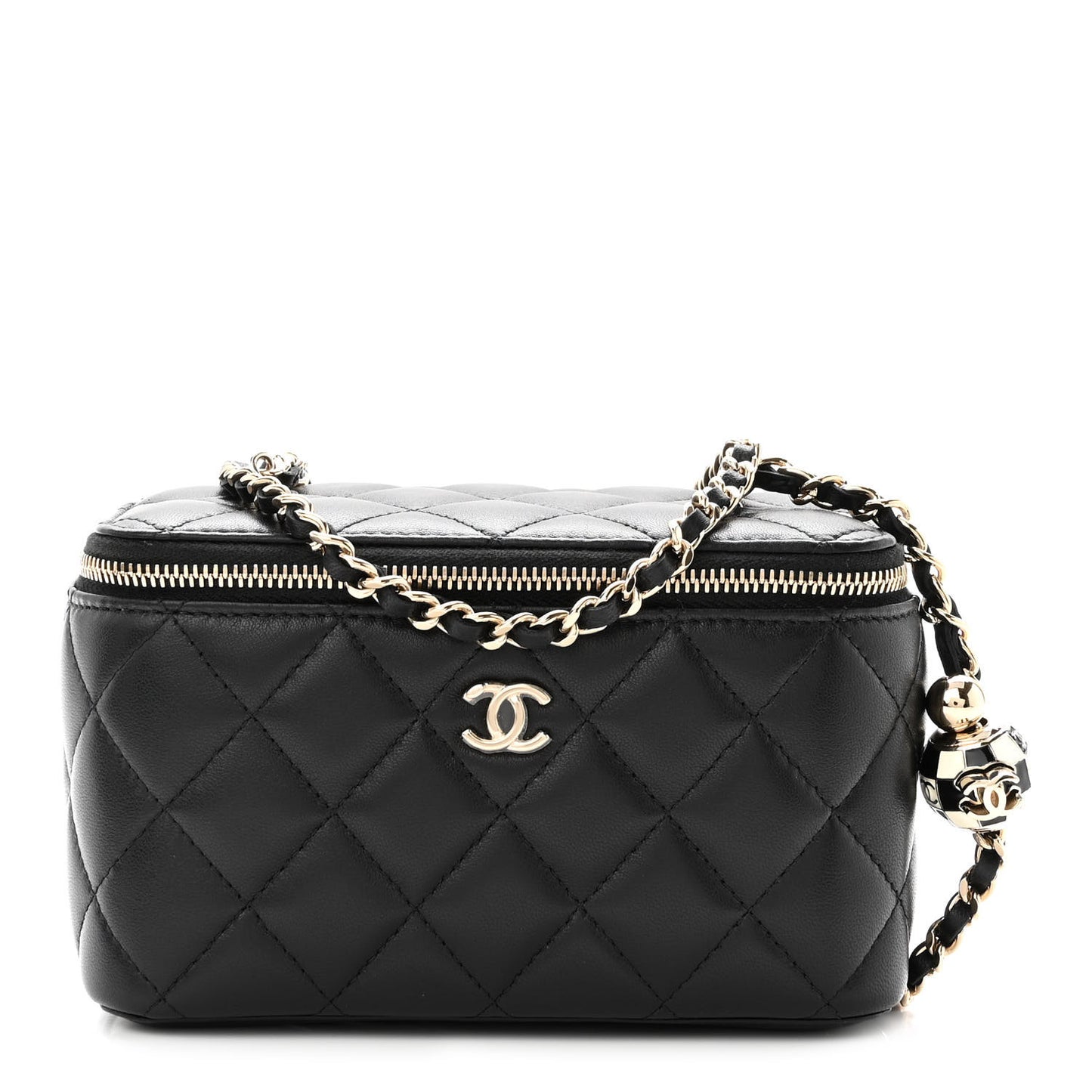Lambskin Quilted Small Pearl Crush Vanity Case With Chain Black