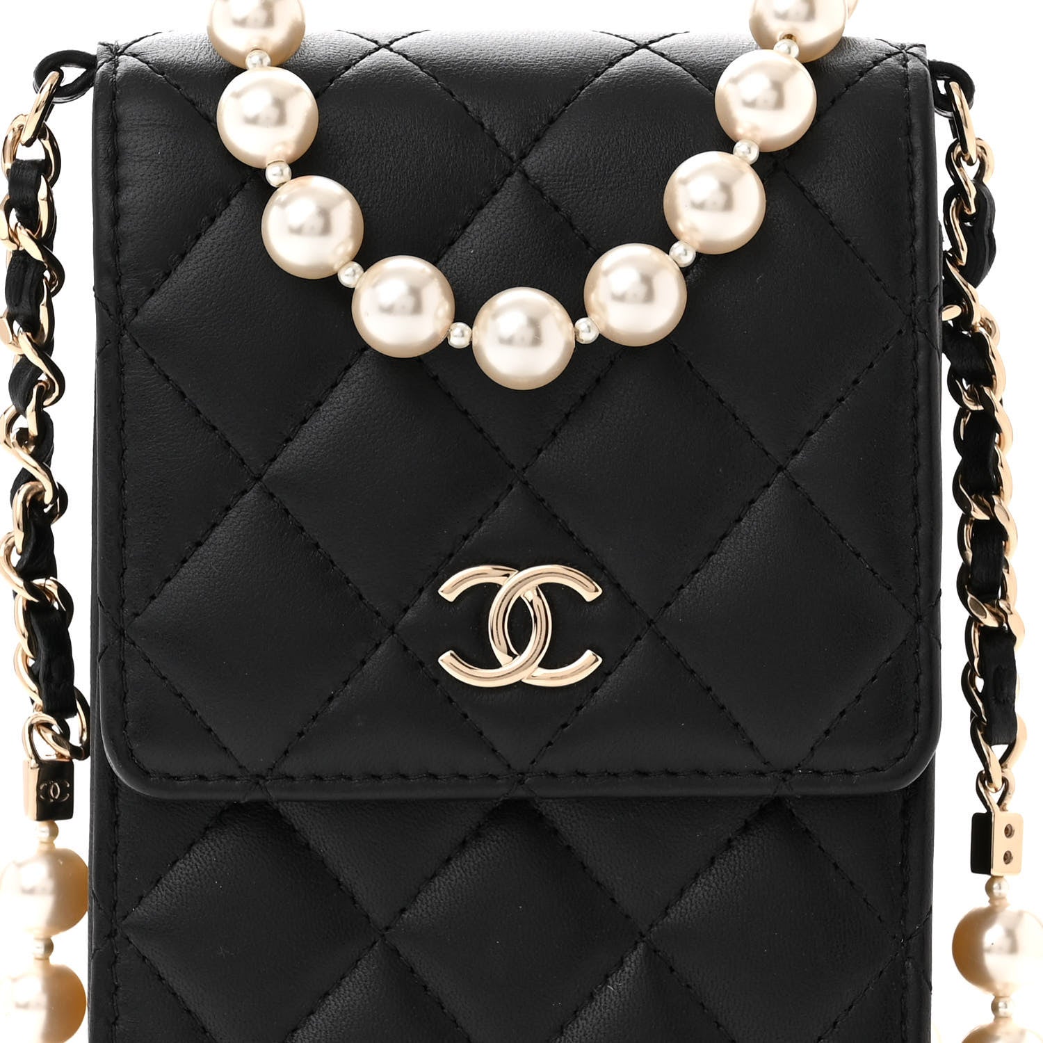 Chanel Lambskin Quilted Pearl Phone Holder With Chain Black 9 of 11