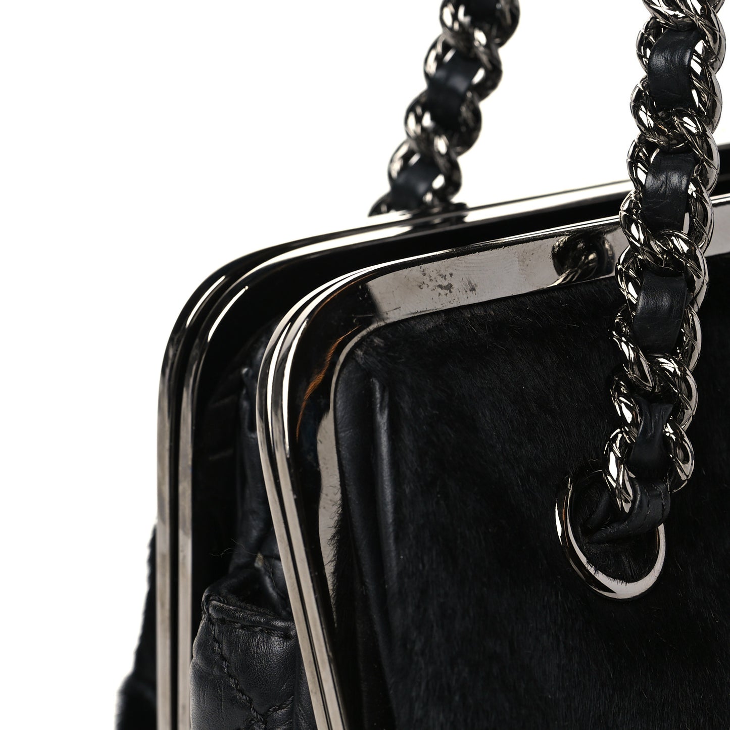 Pony Hair Lambskin Quilted Kiss Lock Frame Bag Black