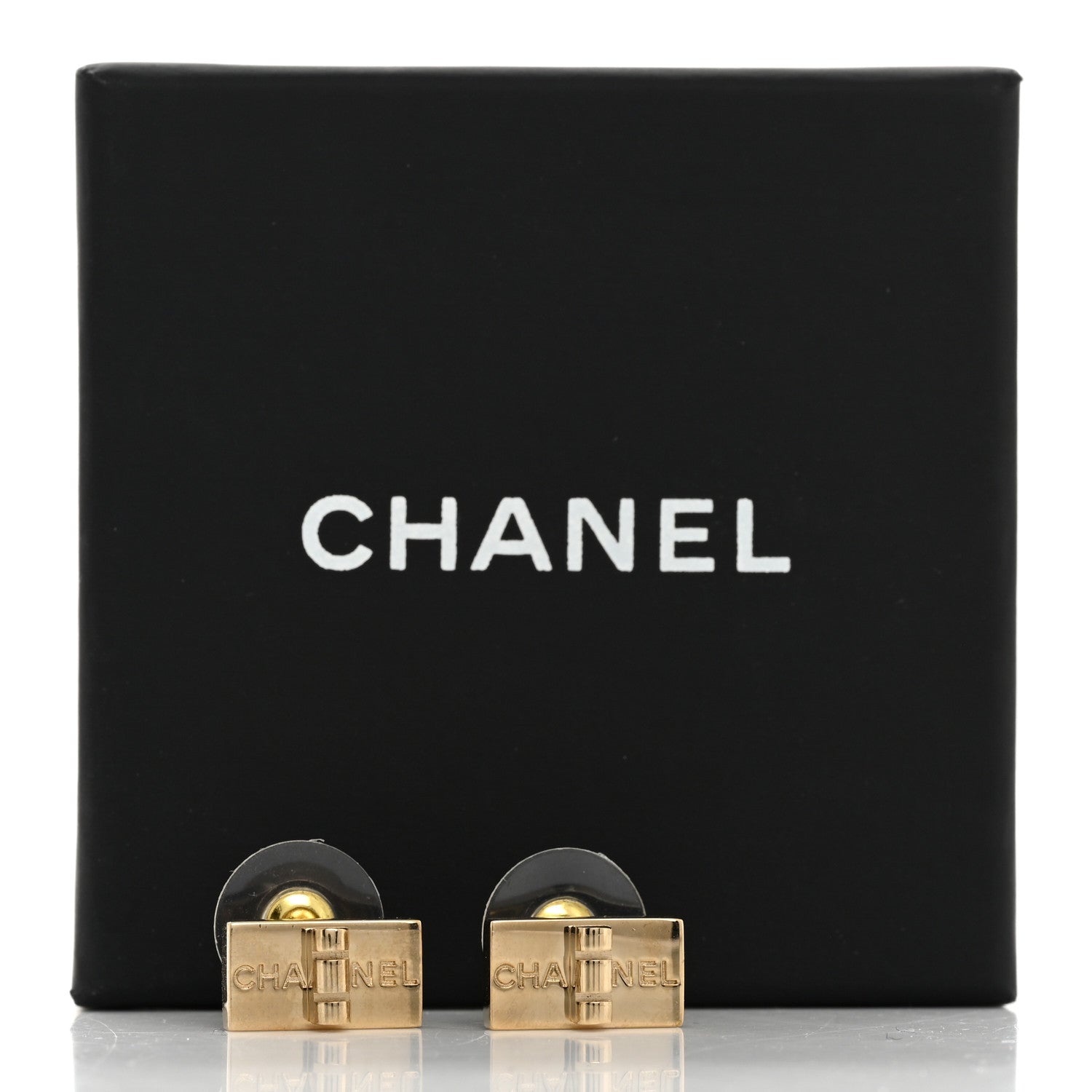 Chanel Metal 2.55 Logo Plate Earrings Gold 5 of 5