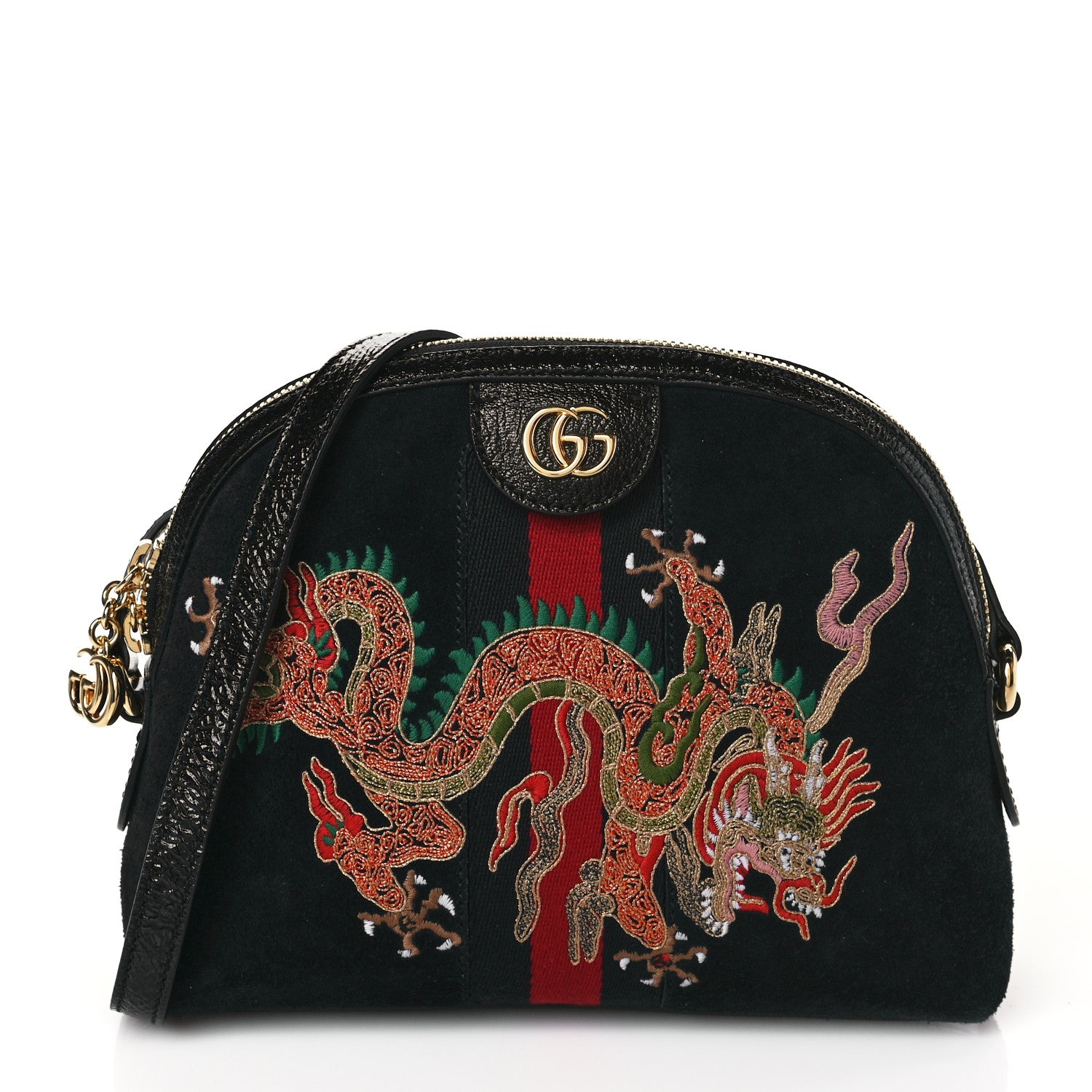 Gucci Suede Patent Dragon Embroidered Small Ophidia Dome Shoulder Bag Blue Multicolor Black 1 of 11