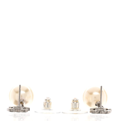 Chanel Pearl Crystal CC Drop Earrings Silver Pearly White 3 of 5