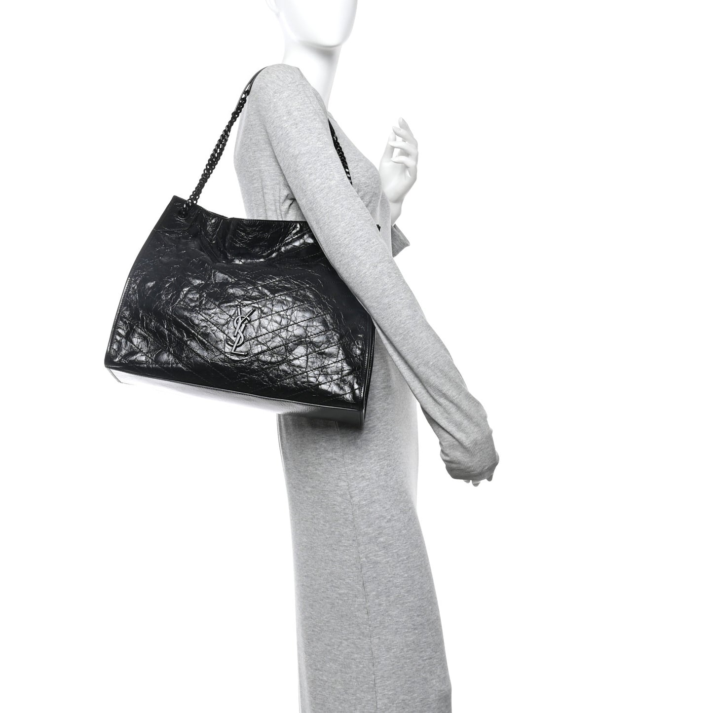 Crinkled Calfskin Matelasse Monogram Large Niki Shopper Tote Black