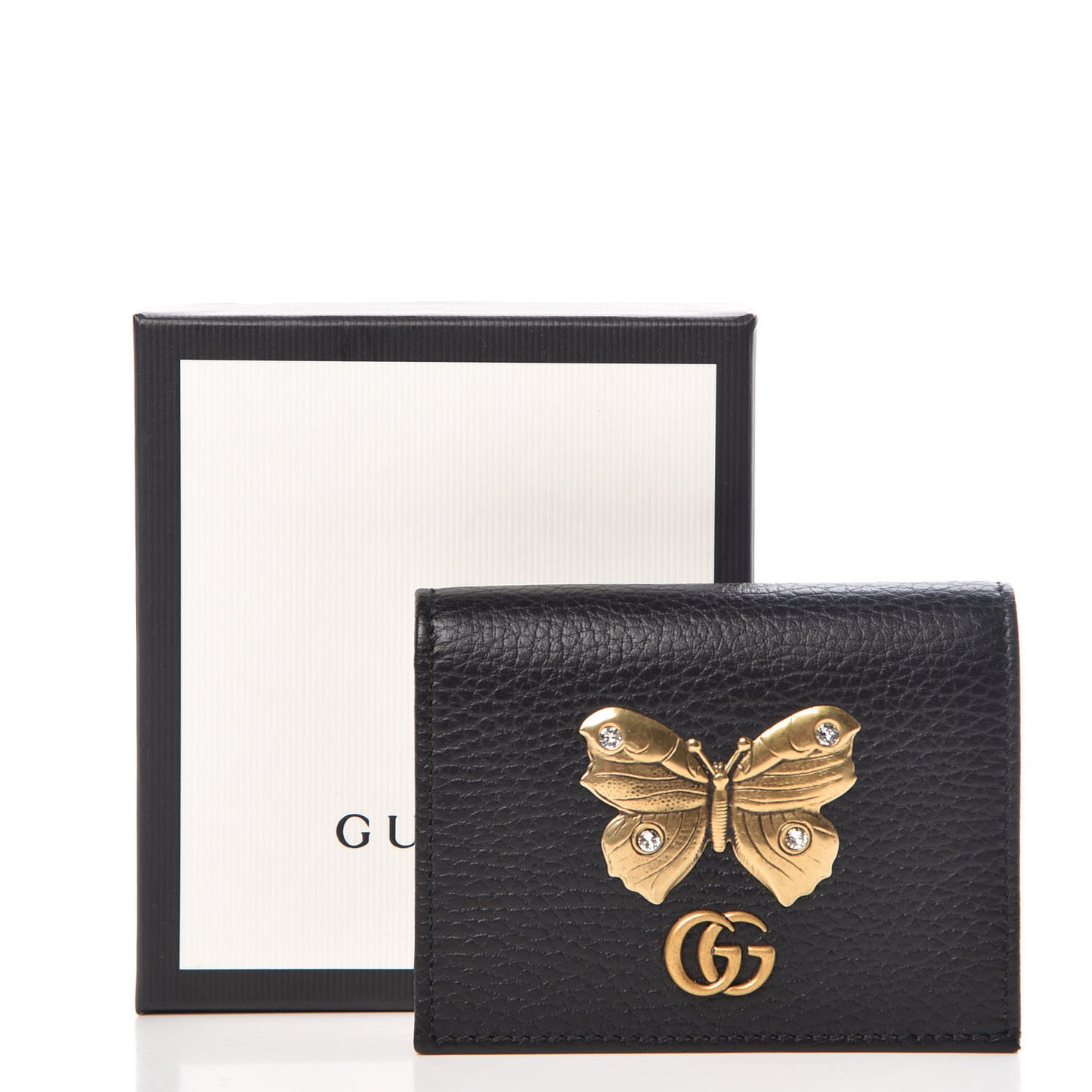 Pebbled Calfskin Butterfly Card Case Black