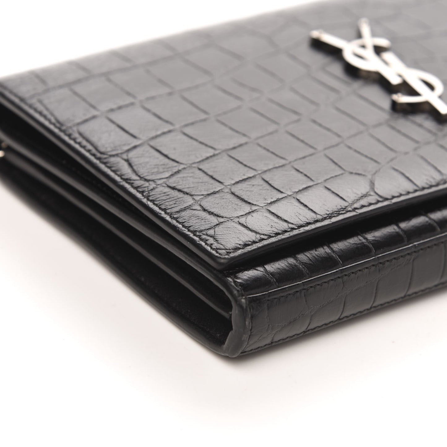Crocodile Embossed Calfskin Monogram Chain Wallet Black
