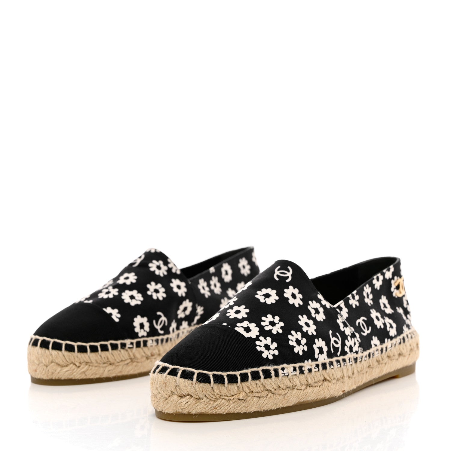 Chanel Fabric Printed Grosgrain Floral Espadrilles 39 Black Ivory 3 of 9