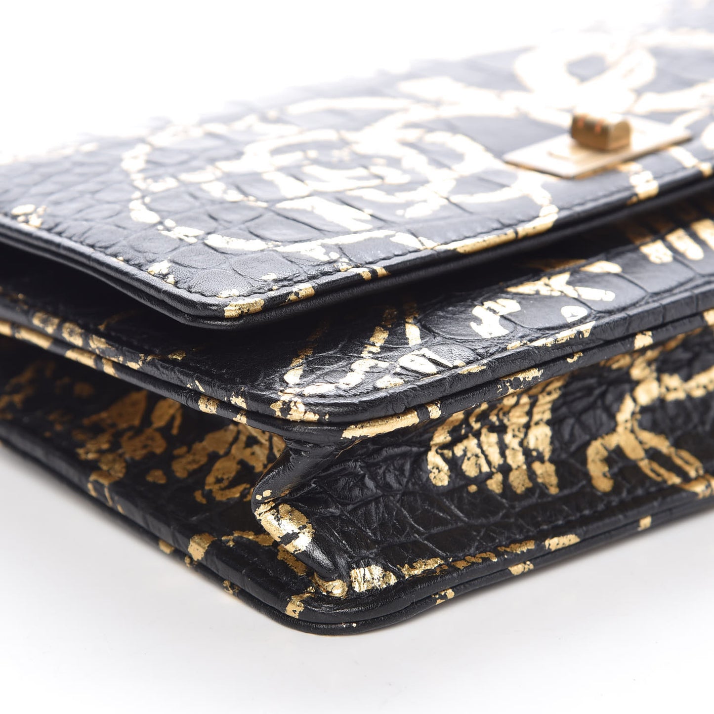 Calfskin Crocodile Embossed Graffiti 2.55 Cocodile Reissue Wallet On Chain WOC Black Gold