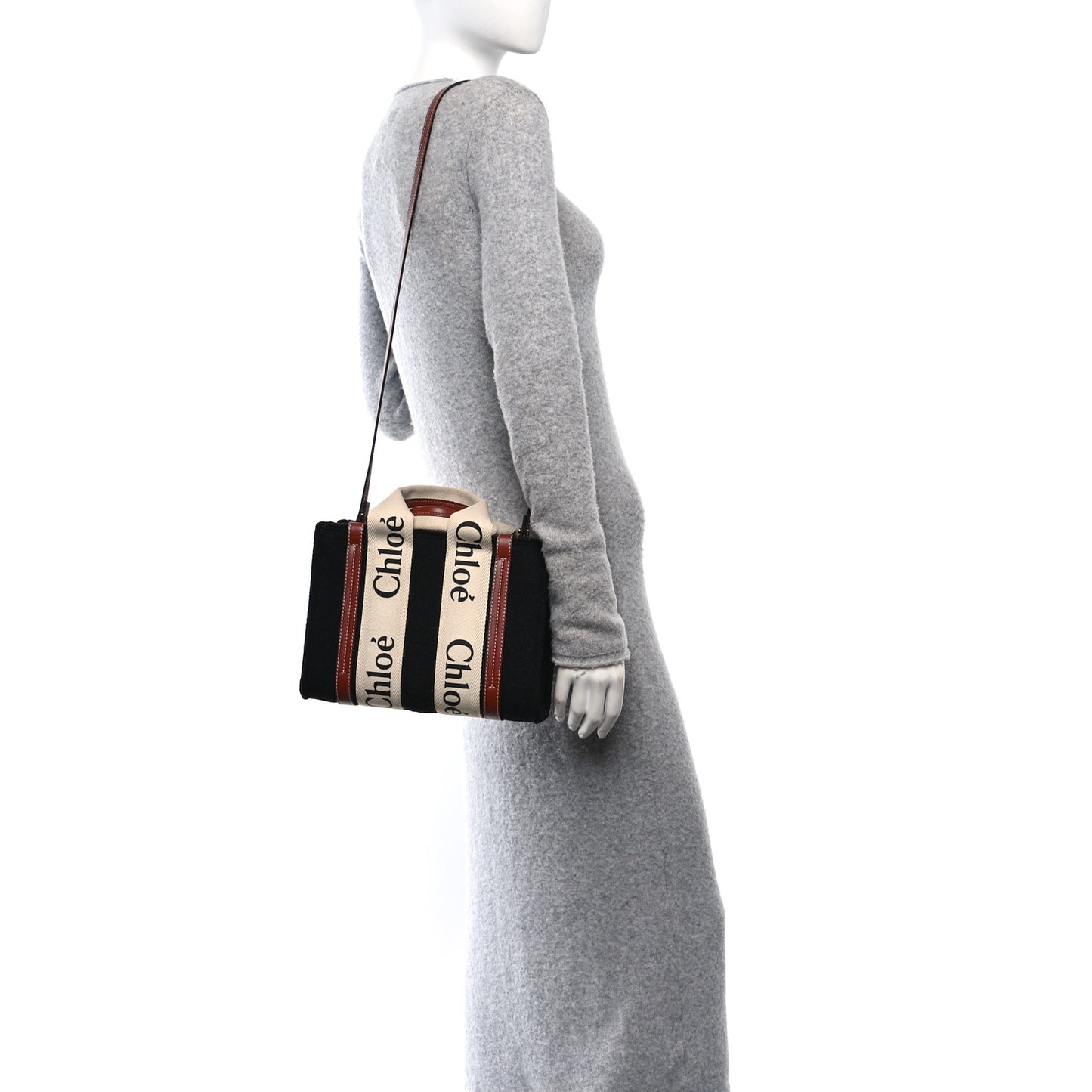 Felt Calfskin Small Woody Ribbon Tote With Strap Black