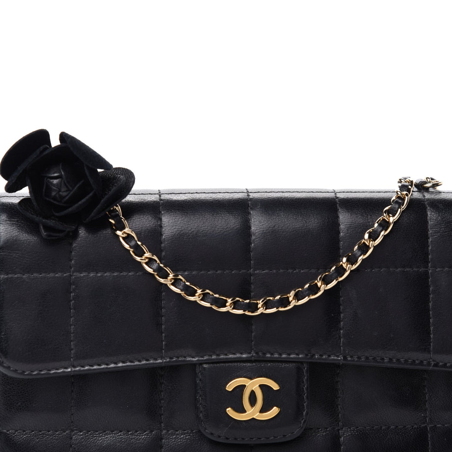 Lambskin Quilted Mini Chocolate Bar Camellia Flap Black