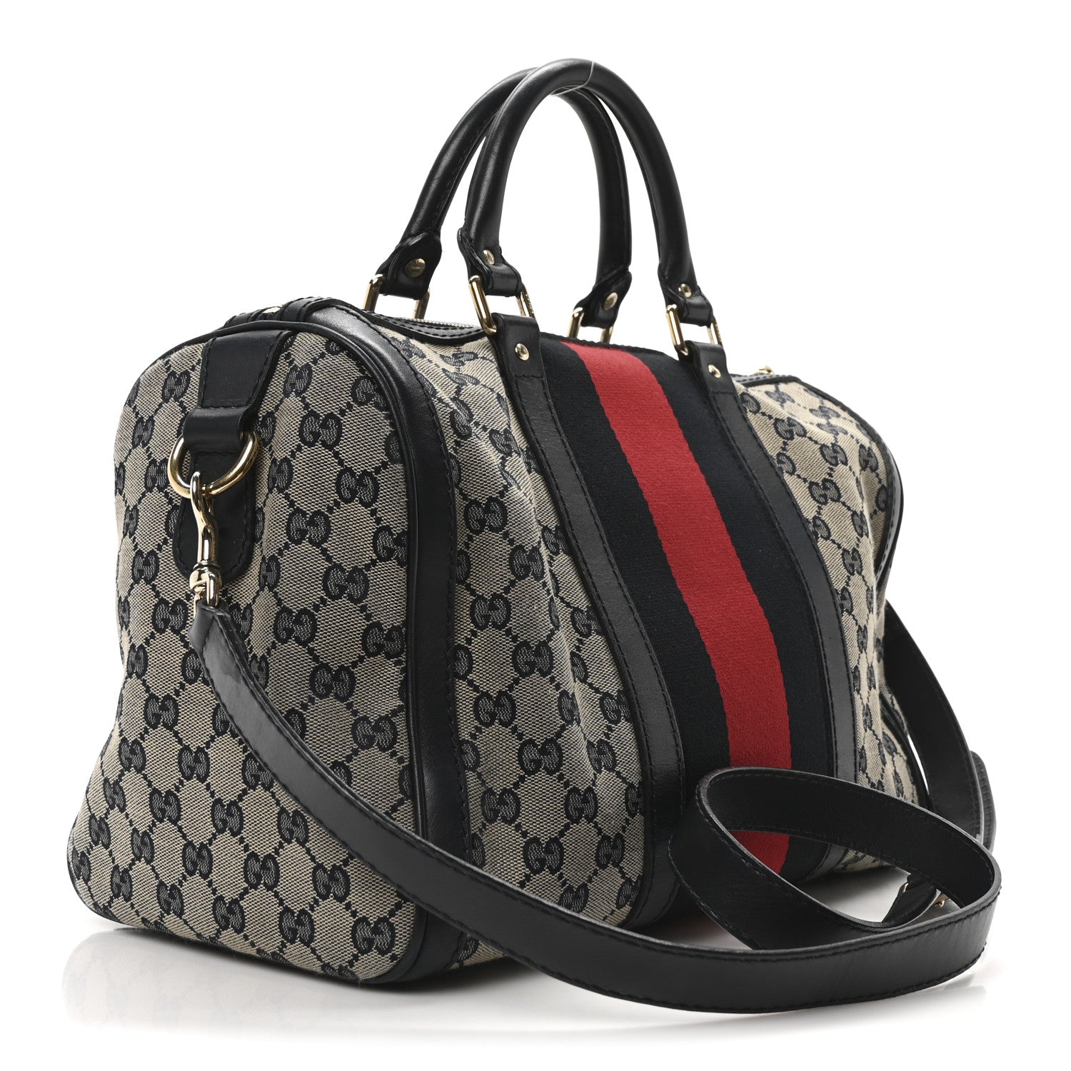 Gucci Monogram Selleria Calfskin Vintage Web Medium Boston Beige Blue 3 of 10