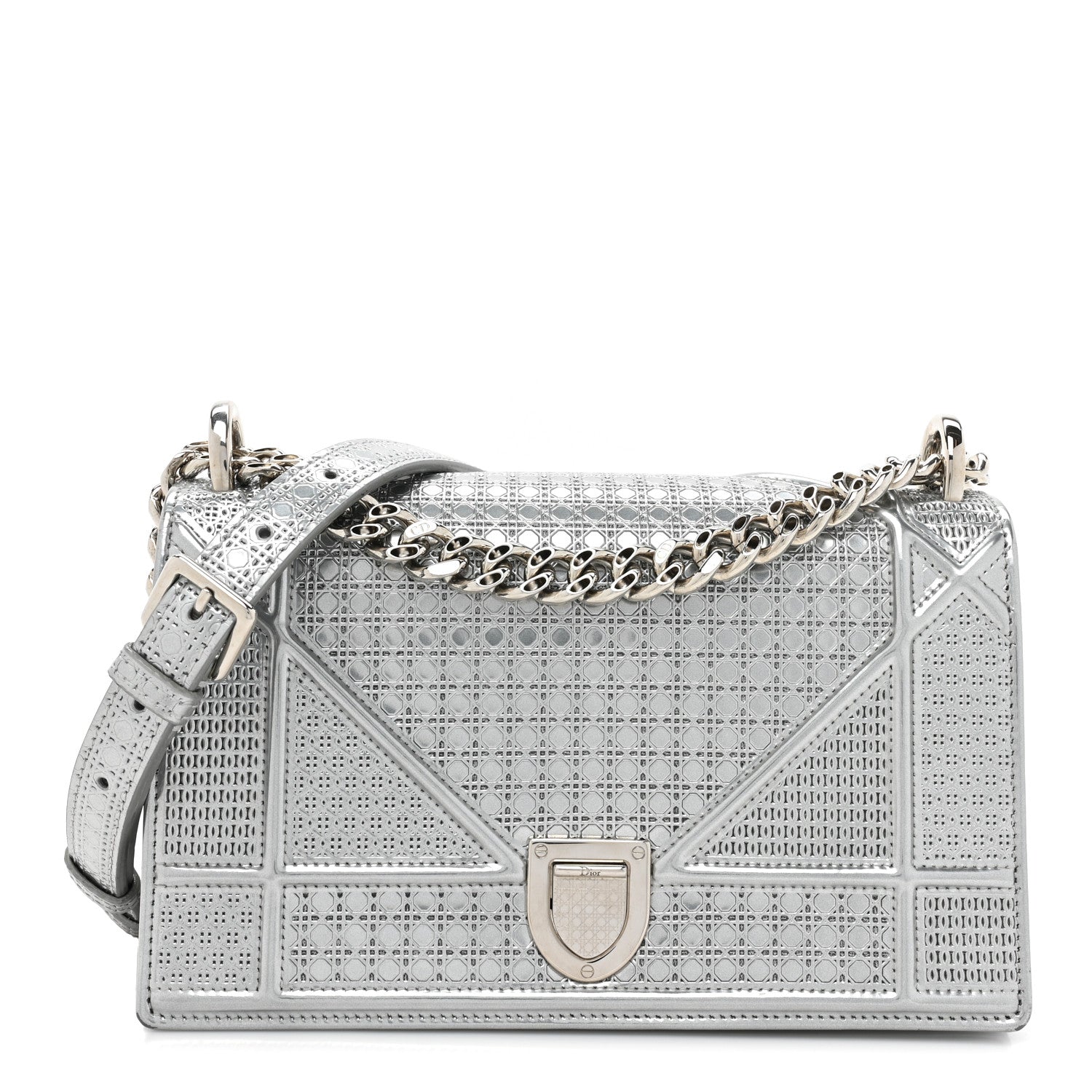 Christian Dior Metallic Patent Micro-Cannage Medium Diorama Flap Bag Silver 1 of 17