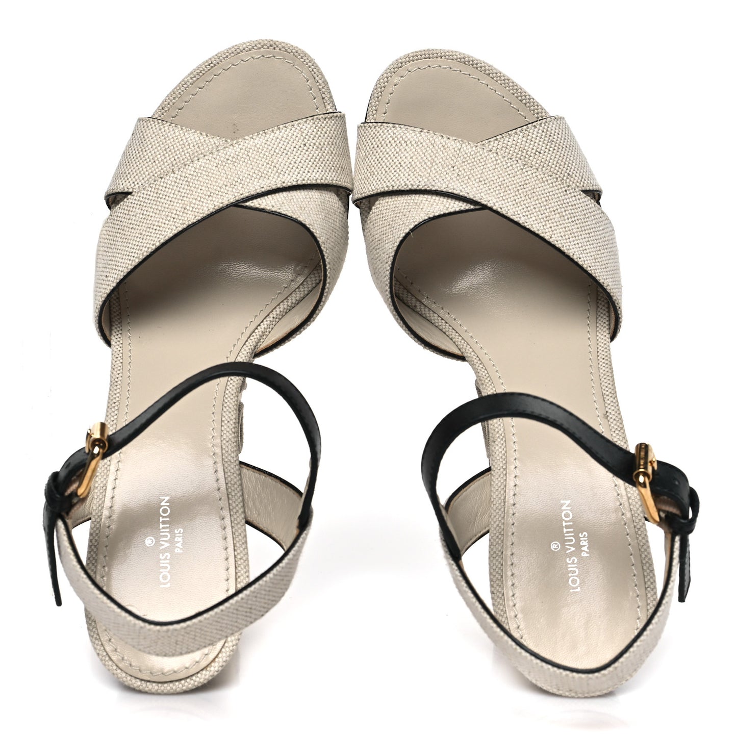 Calfskin Canvas Wedge Sandals 38 Beige Black