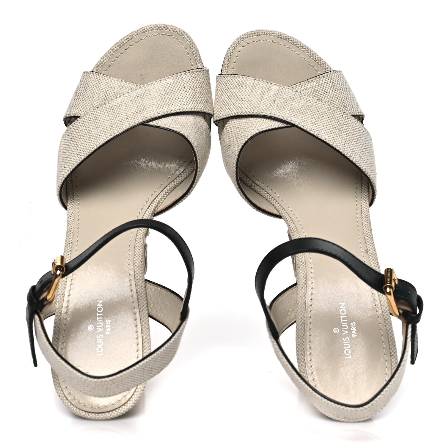 Louis Vuitton Calfskin Canvas Wedge Sandals 38 Beige Black 3 of 8