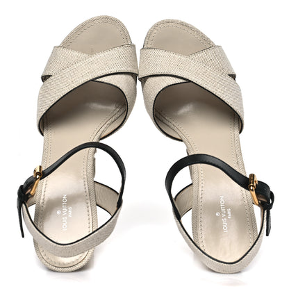 Louis Vuitton Calfskin Canvas Wedge Sandals 38 Beige Black 3 of 8