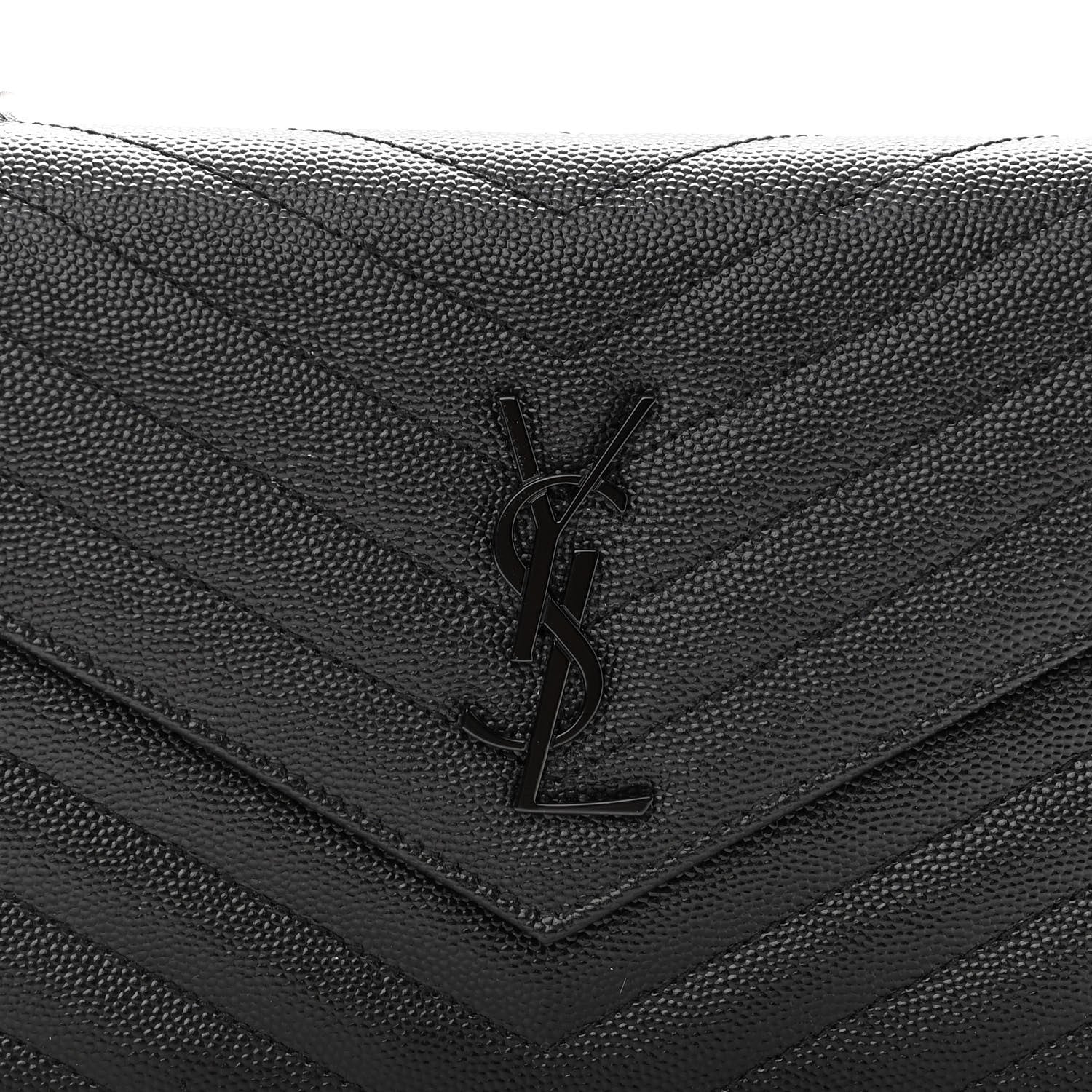 Saint Laurent Grain De Poudre Matelasse Chevron Monogram Monochrome Envelope Chain Wallet Black 7 of 10