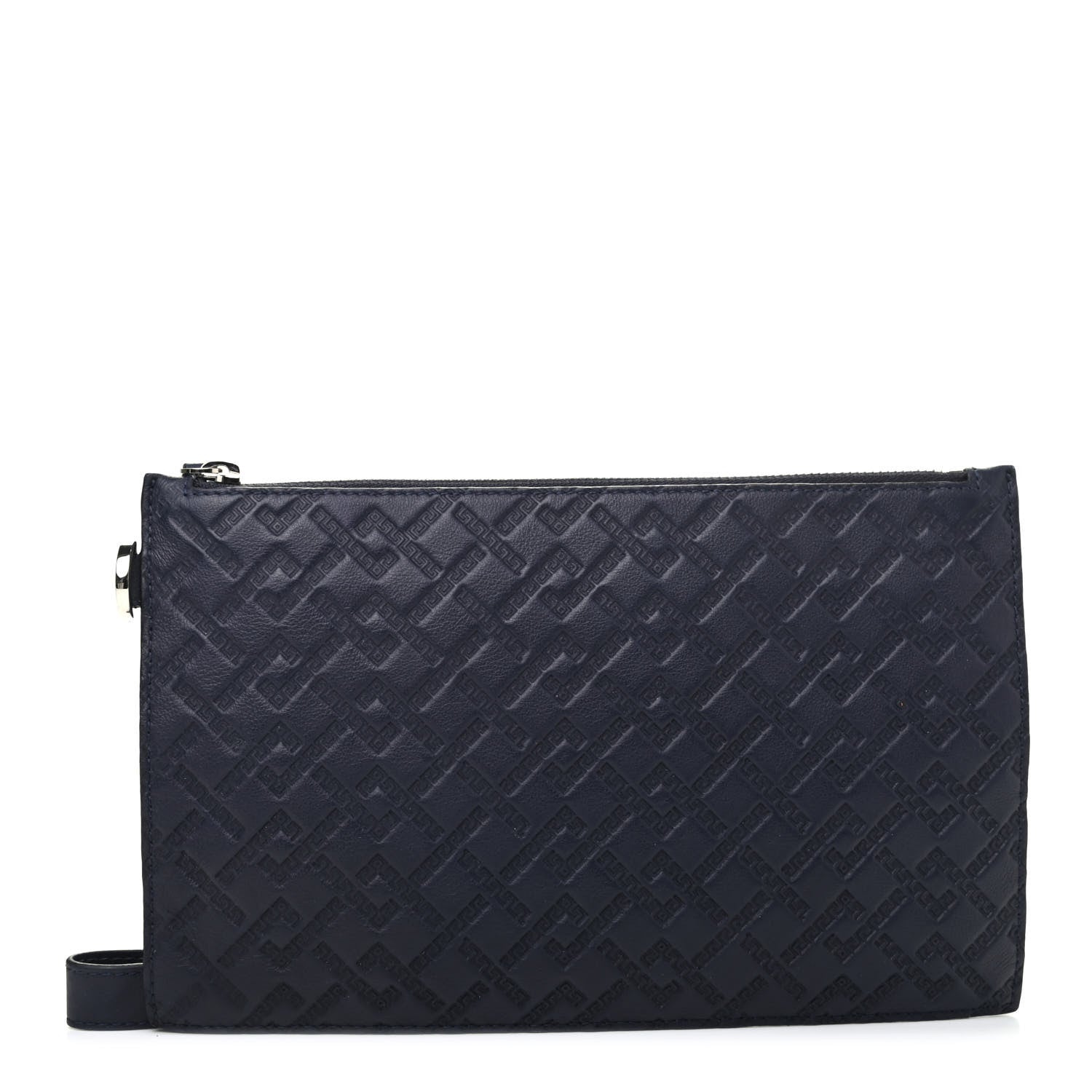 Versace Calfskin Greca Argyle Embossed Wristlet Pouch Navy 1 of 6