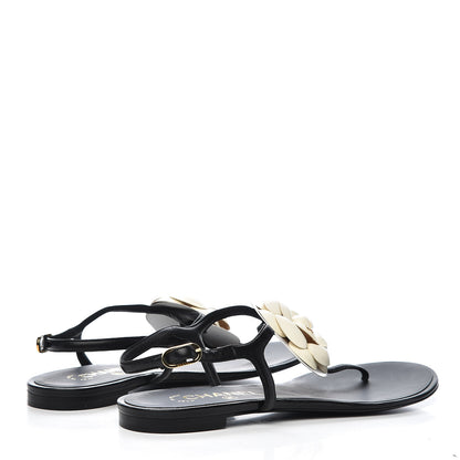 Chanel Lambskin Camellia Thong Sandals 41 Black White 4 of 10