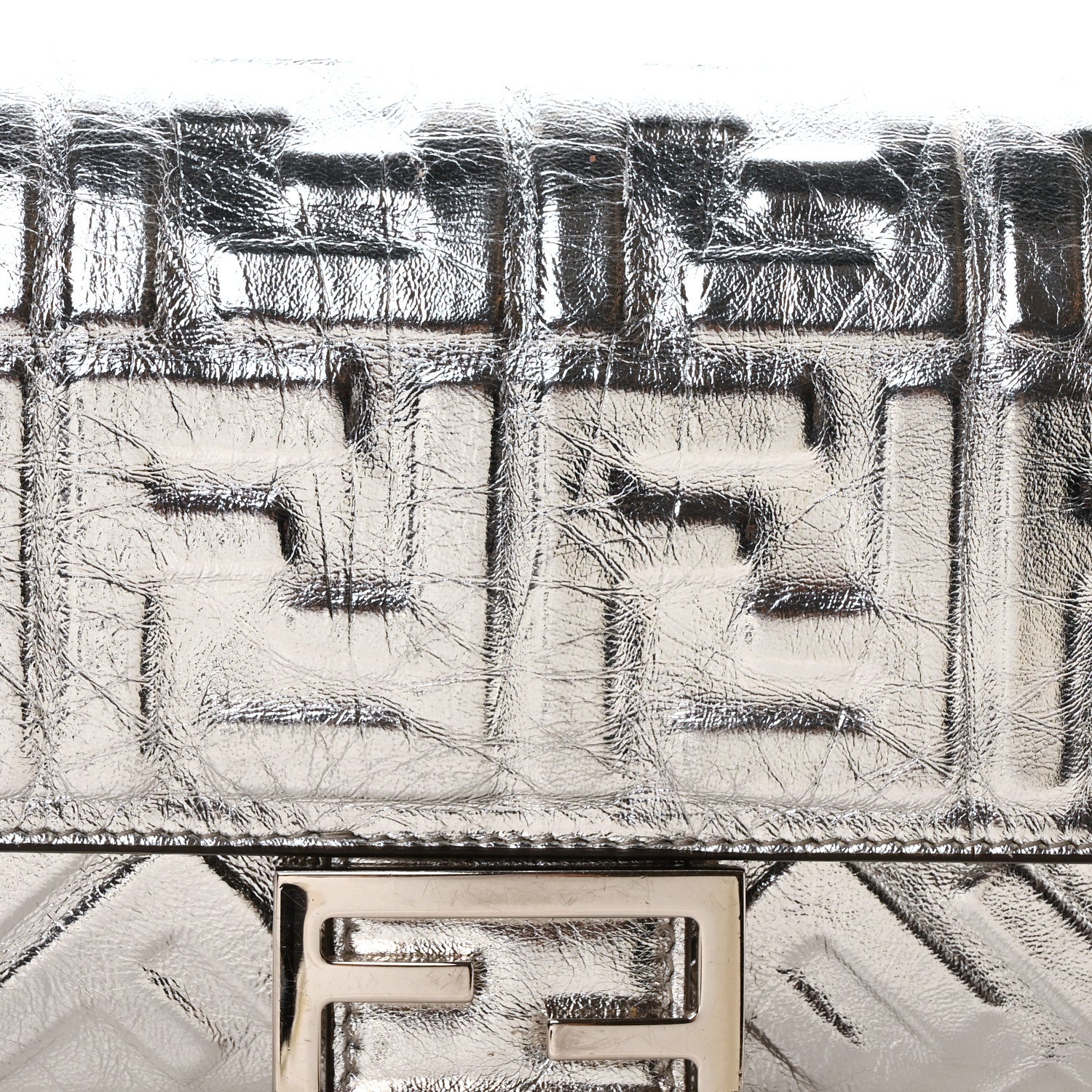 Fendi Vitello Catalan Mirror FF 1974 Embossed Baguette Argento 7 of 9