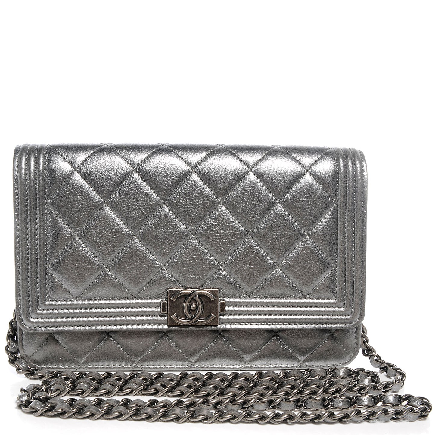 Metallic Calfskin Quilted Boy Wallet On Chain WOC Silver