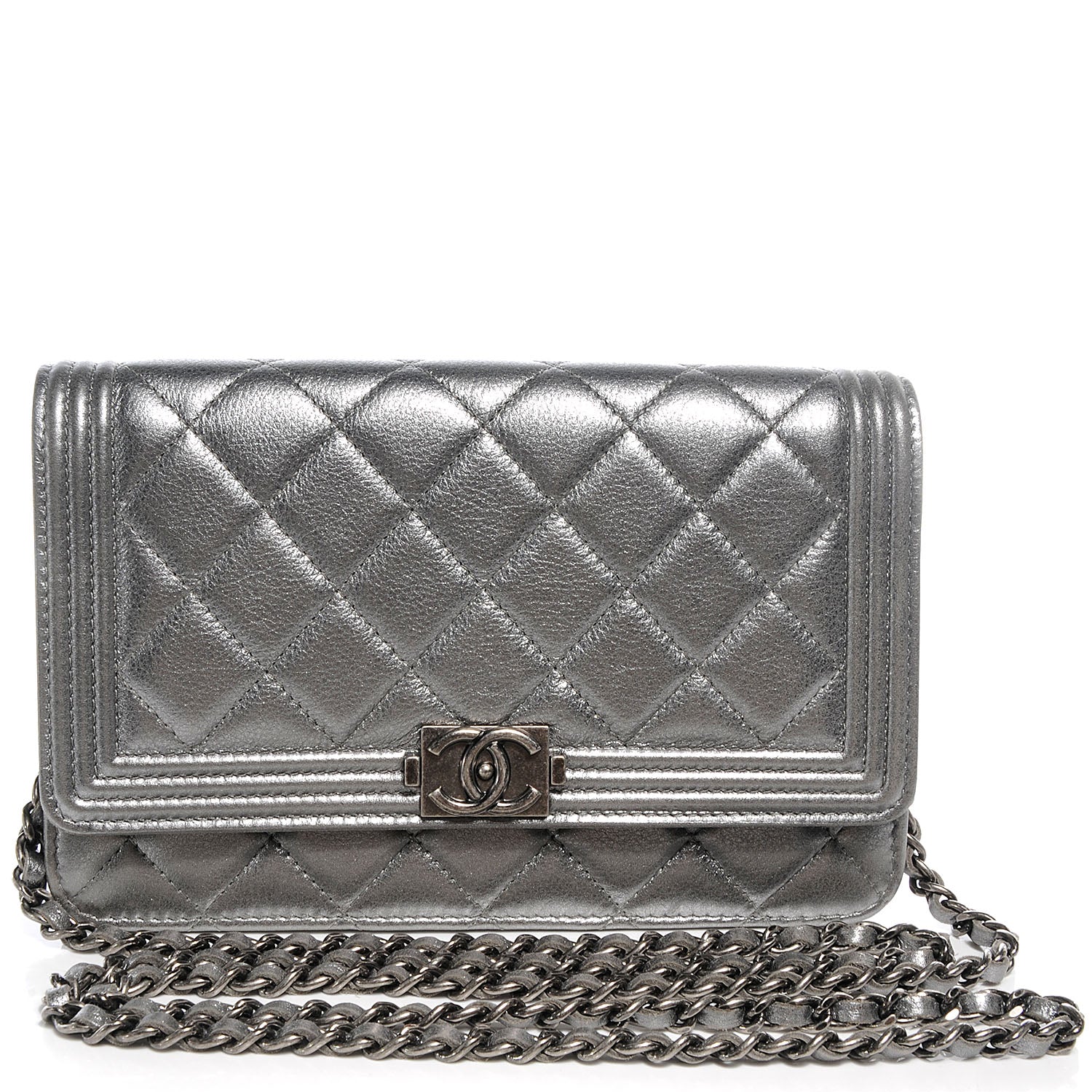 Chanel Metallic Calfskin Quilted Boy Wallet On Chain WOC Silver 1 of 8
